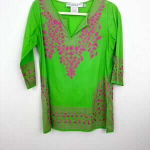Gretchen Scott Womens Blouse Tunic Top Size XS Embroidered Cotton Preppy Green
